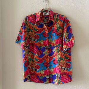 XPRSO Vintage 80's 100% Silk Sand Wash Maximalist Print Button Down Shirt Small